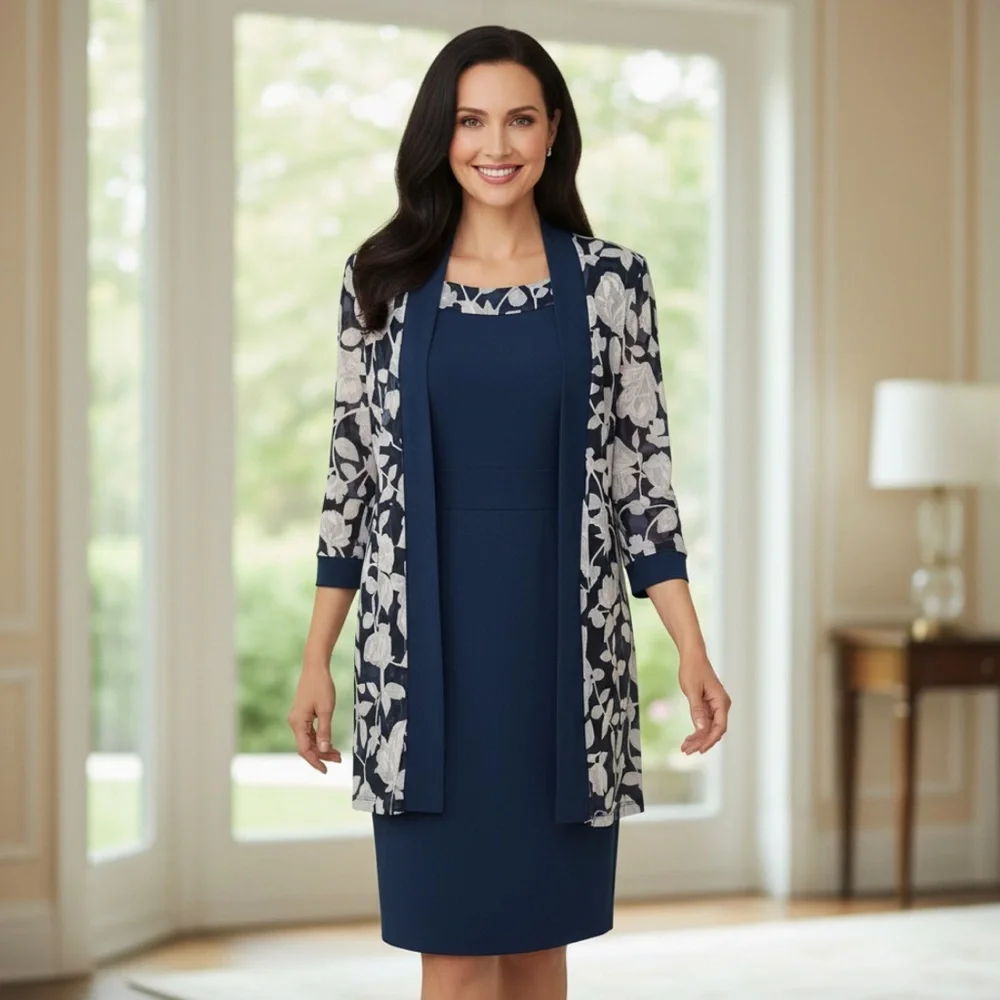 R&M Richards Navy White Dress & sheer Floral Jacket NWT 2 pieces Modest midi 
12 - Picture 14 of 15